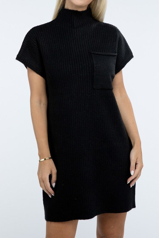 Mock Neck Short Sleeve Sweater Dress with Pocket - Classique Collection