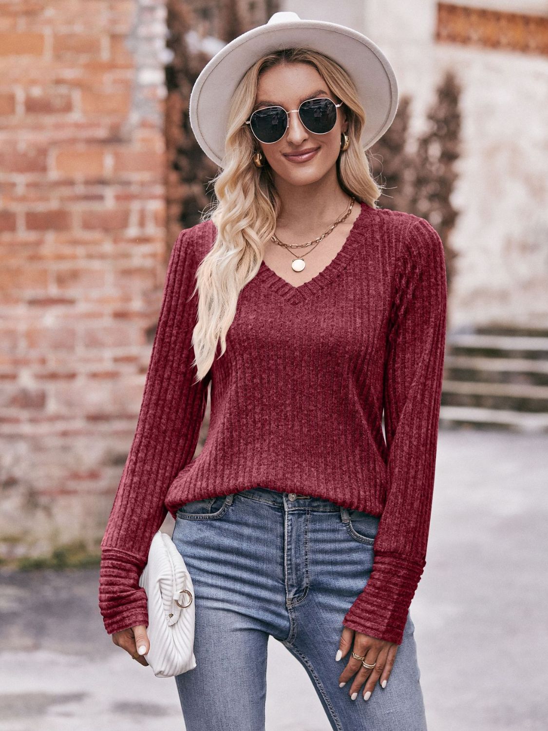 Mandy V-Neck Long Sleeve Ribbed Top - Classique Collection