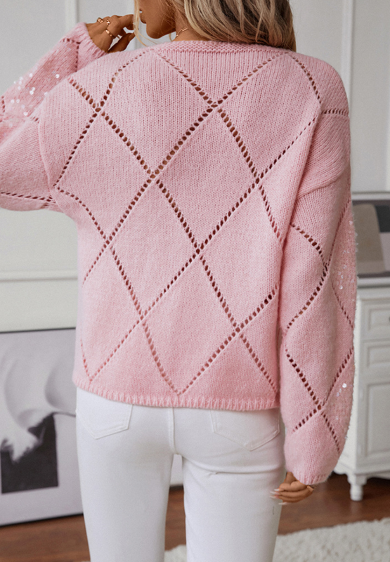 Openwork Sequin Round Neck Long Sleeve Sweater - Classique Collection