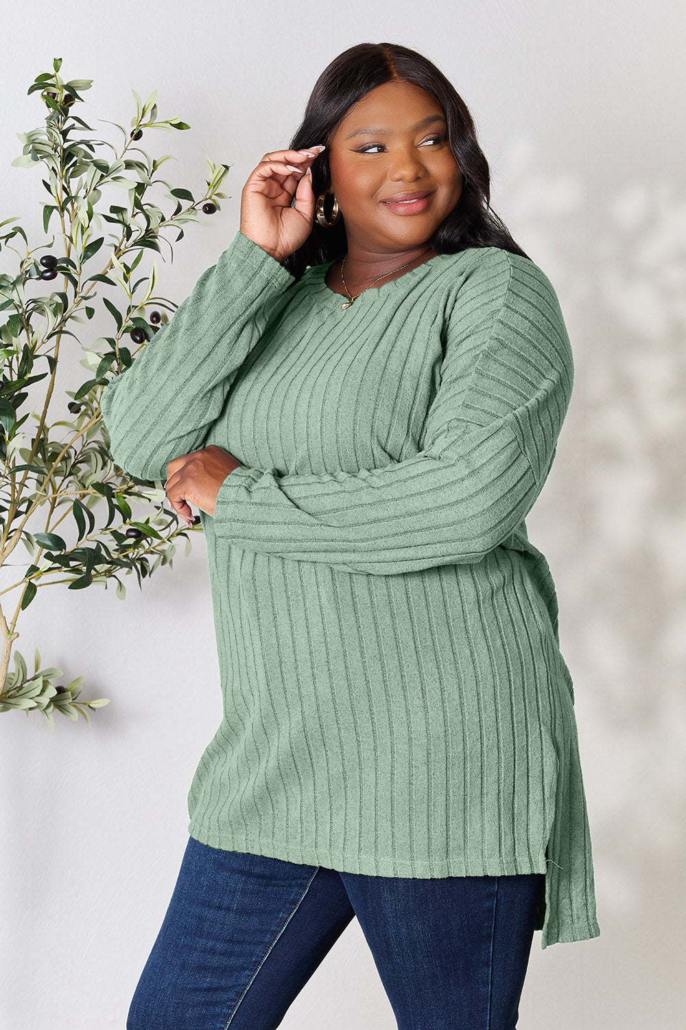 Basic Bae Full Size Ribbed Round Neck Long Sleeve Slit Top - Classique Collection