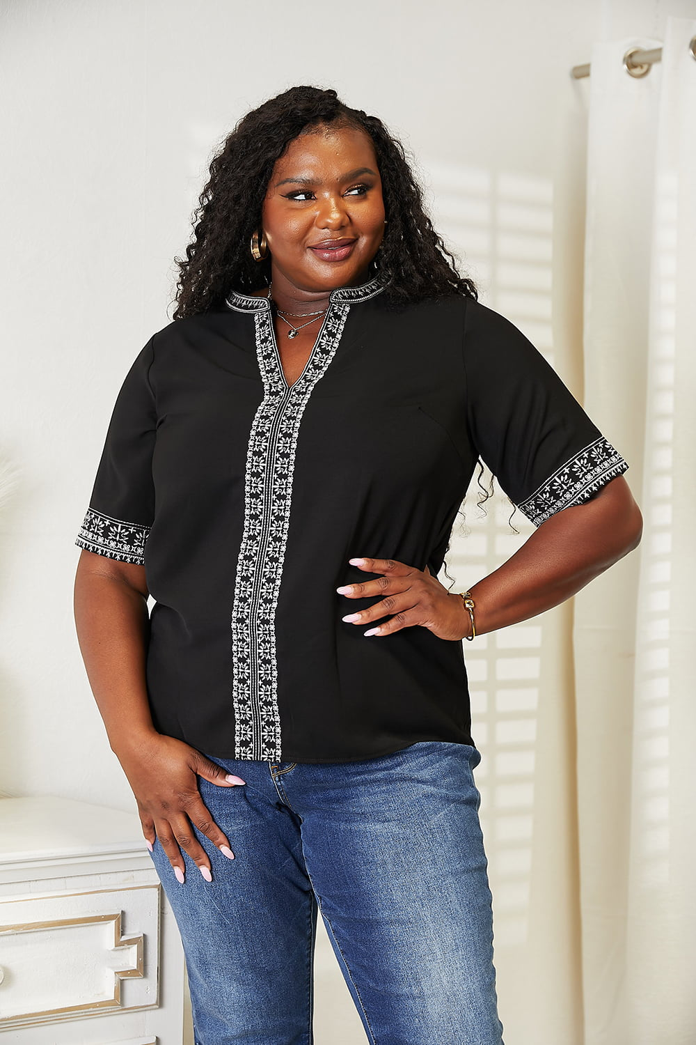 Double Take Embroidered Notched Neck Top - ClassiQ