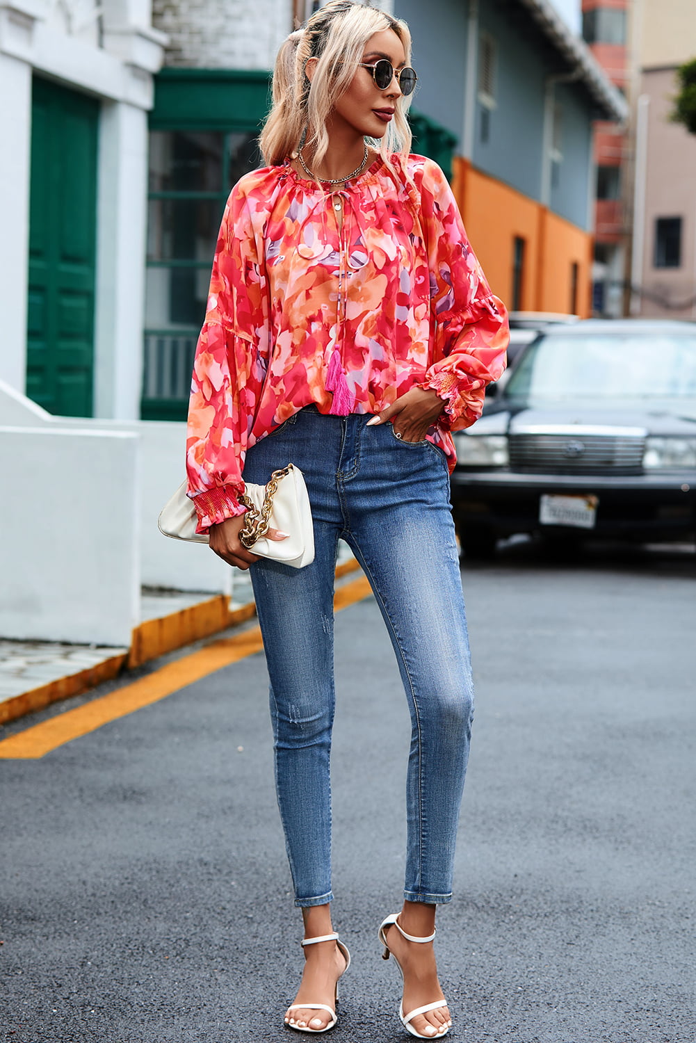 Floral Tassel Tie Long Sleeve Blouse - Classique Collection