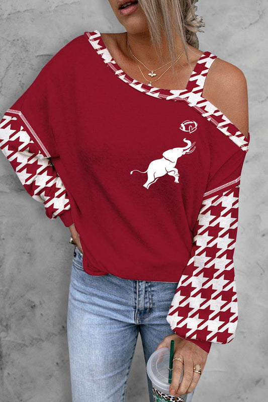 Houndstooth Long Sleeve Asymmetrical Neck Top - Classique Collection
