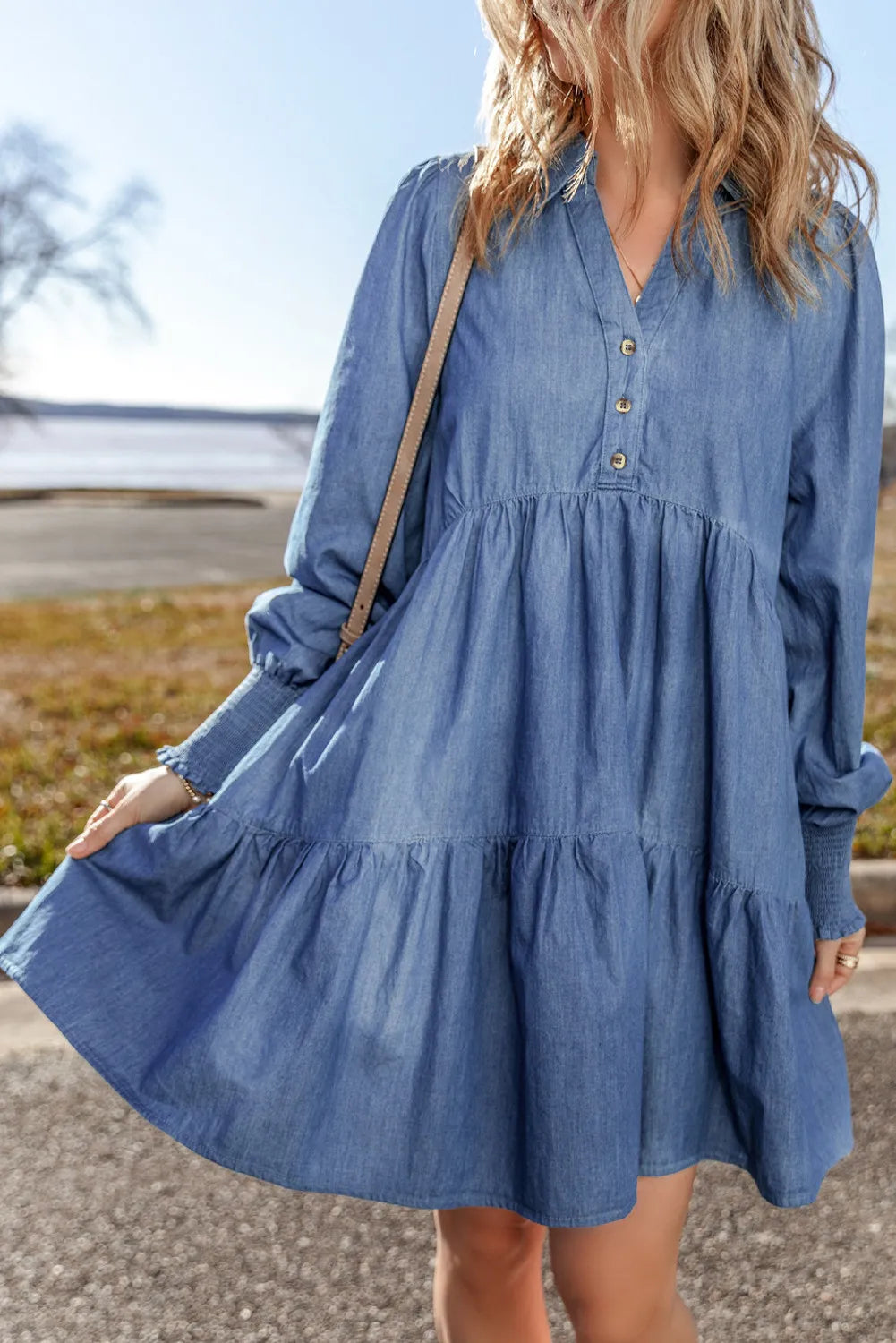 Tiered Johnny Collar Long Sleeve Denim Dress - Classique Collection