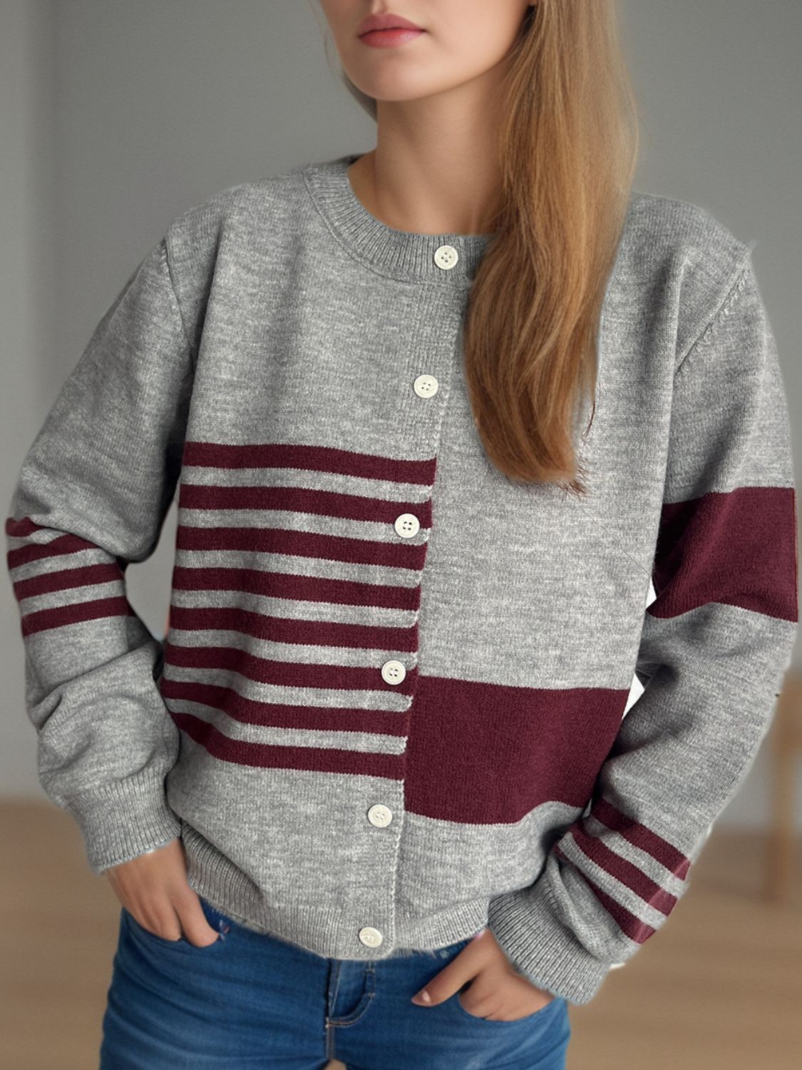 Striped Color Block Round Neck Cardigan - Classique Collection