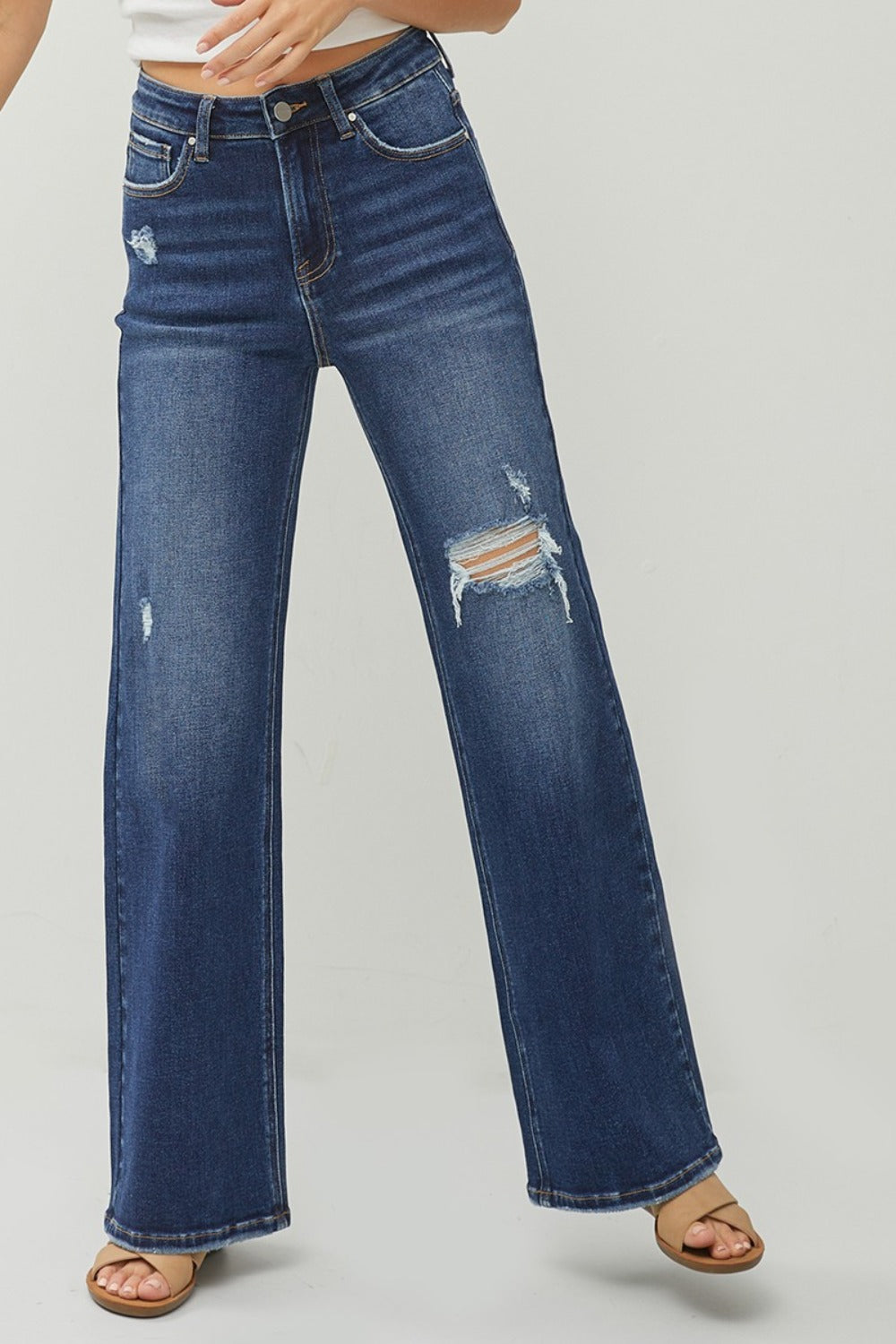 RISEN Full Size High Rise Distressed Wide Leg Jeans - Classique Collection