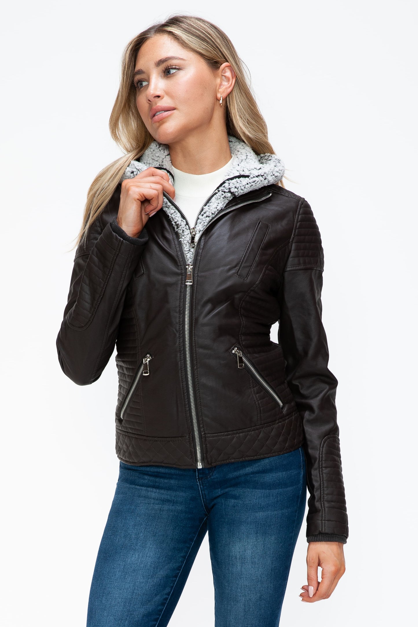 YMI Faux Layered Double-Zipper Jacket with Fuzzy Hood - ClassiQ