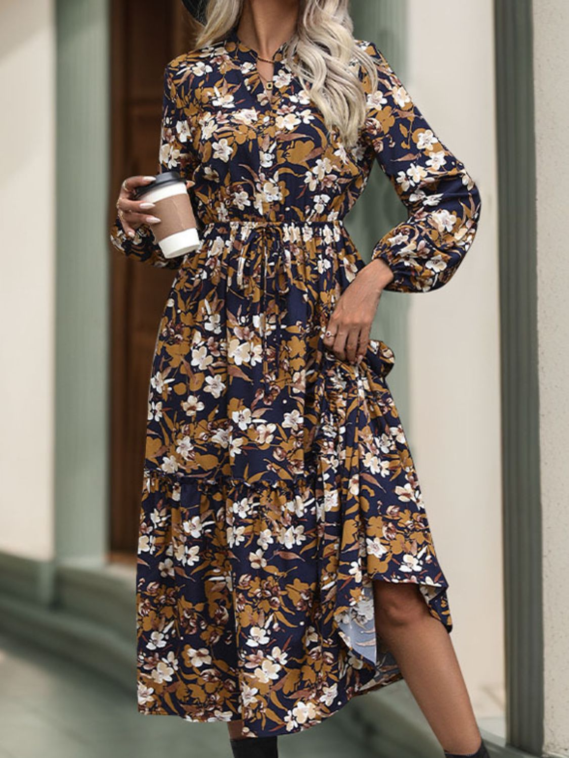 Perfee Printed Notched Long Sleeve Midi Dress - Classique Collection