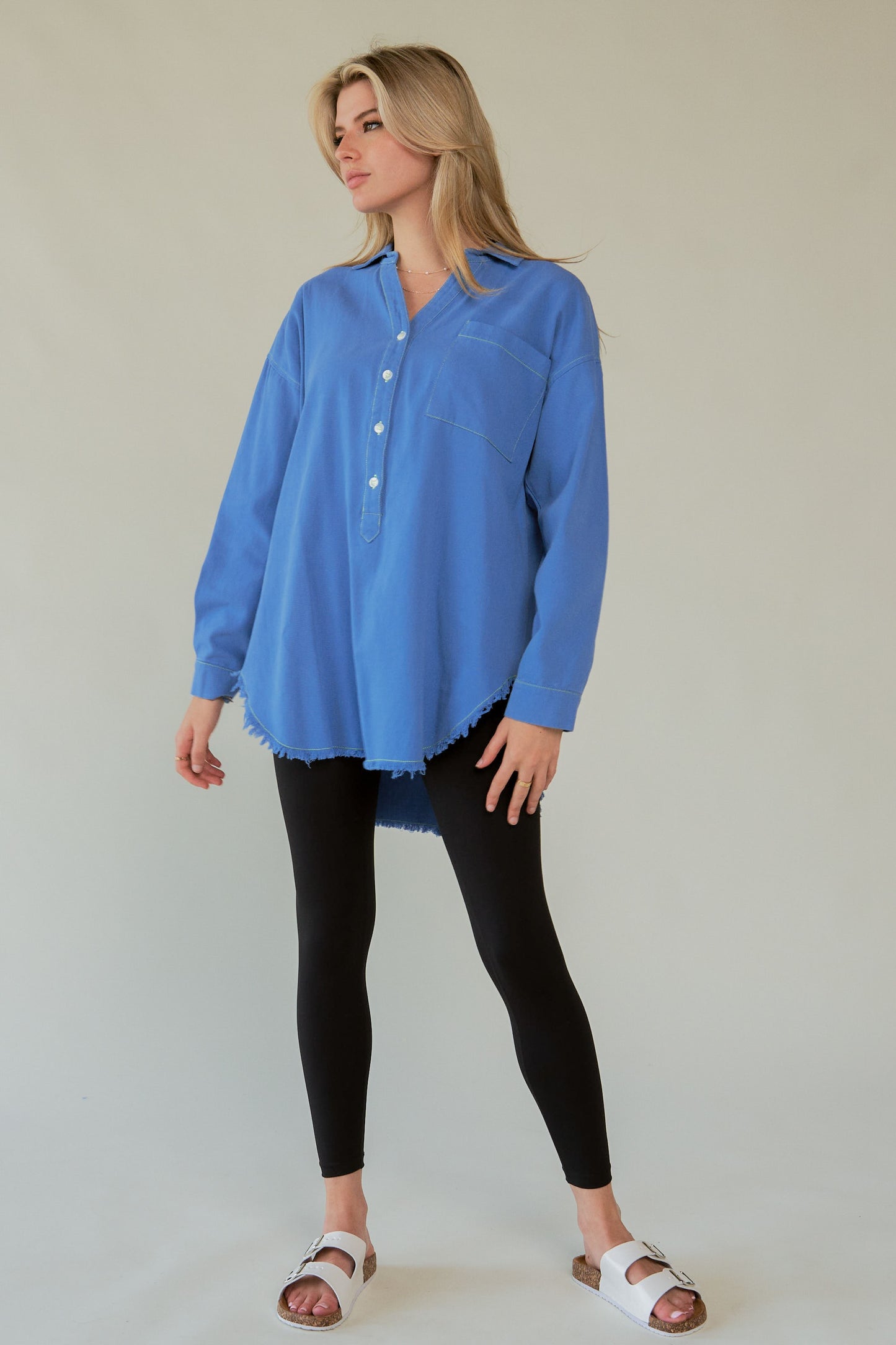 Davi & Dani Letter Back Raw Hem Half Button Shirt - Classique Collection