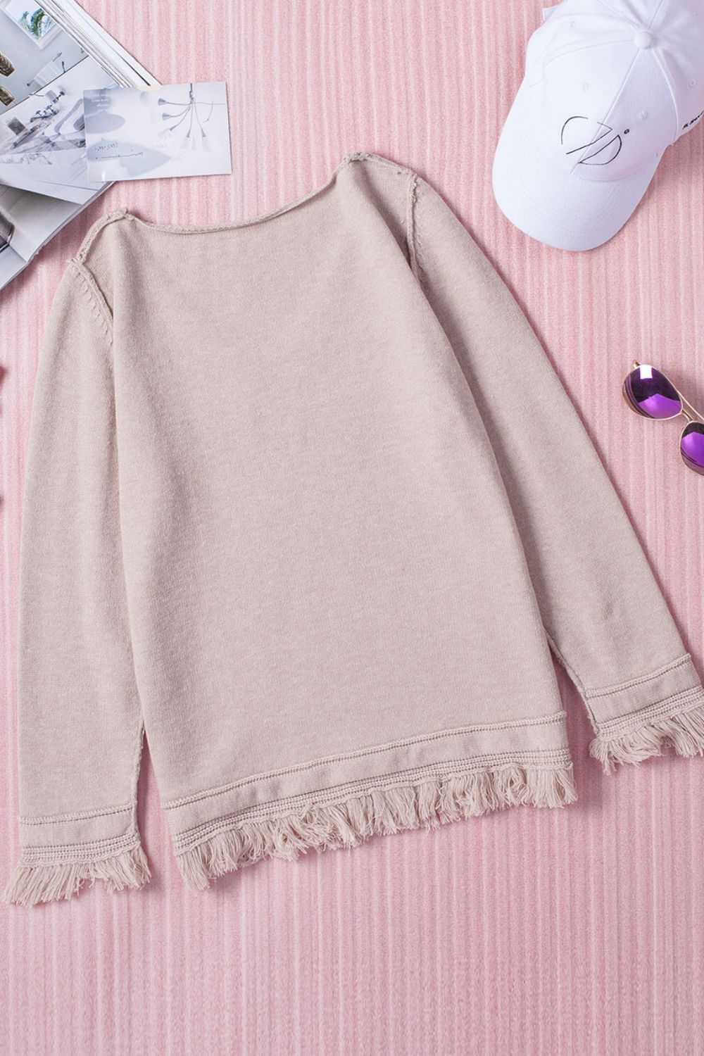Exposed Seam Fringe Hem V-Neck Long Sleeve Sweater - ClassiQ