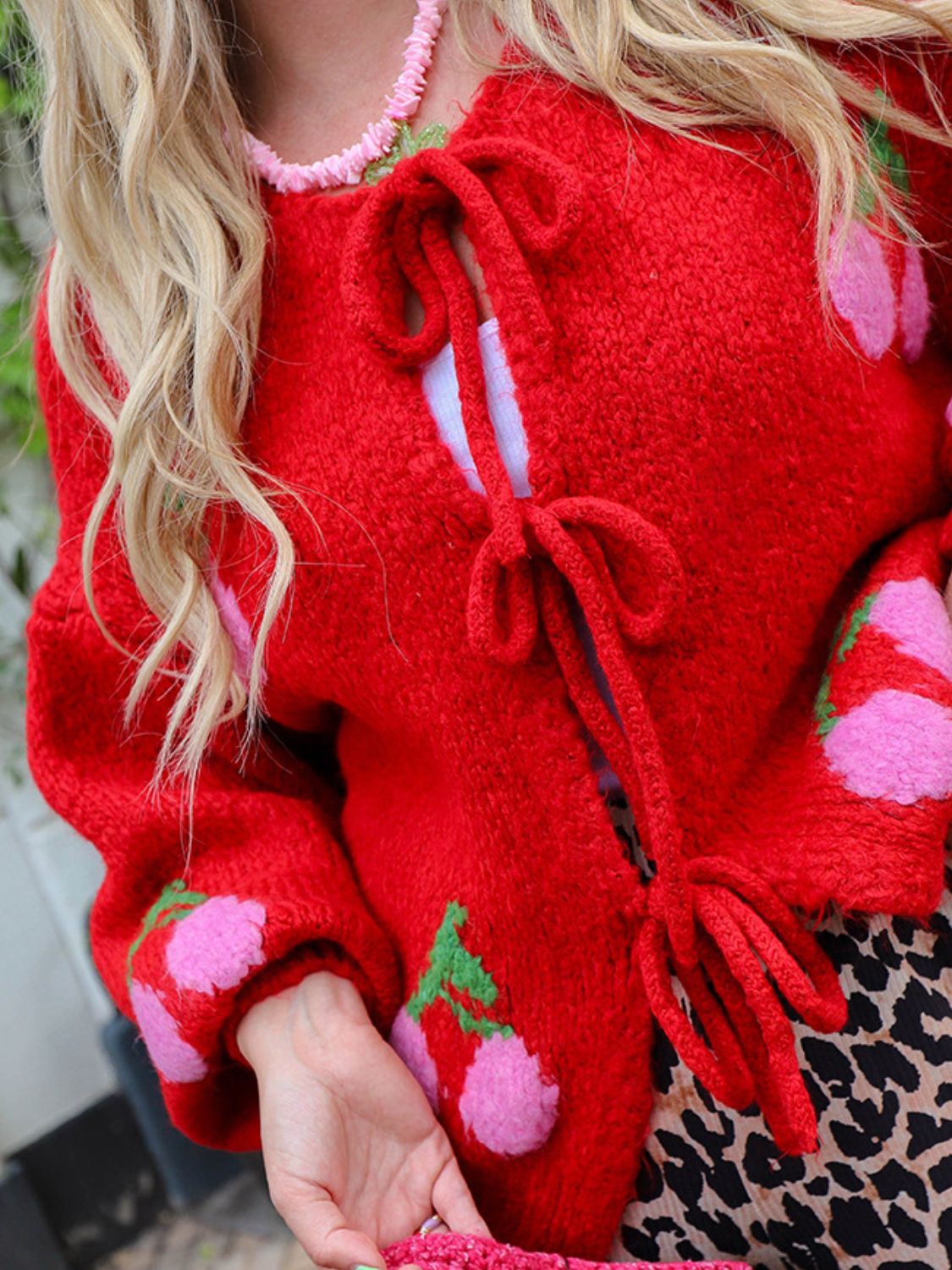 Tied Cherry Round Neck Long Sleeve Cardigan - Classique Collection