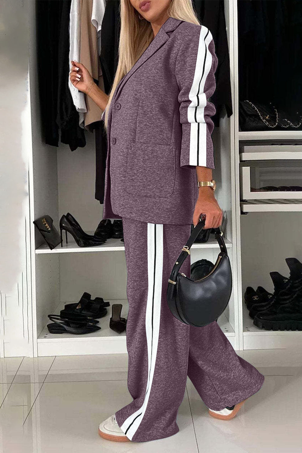 Full Size Contrast Lapel Collar Top and Pants Set - ClassiQ