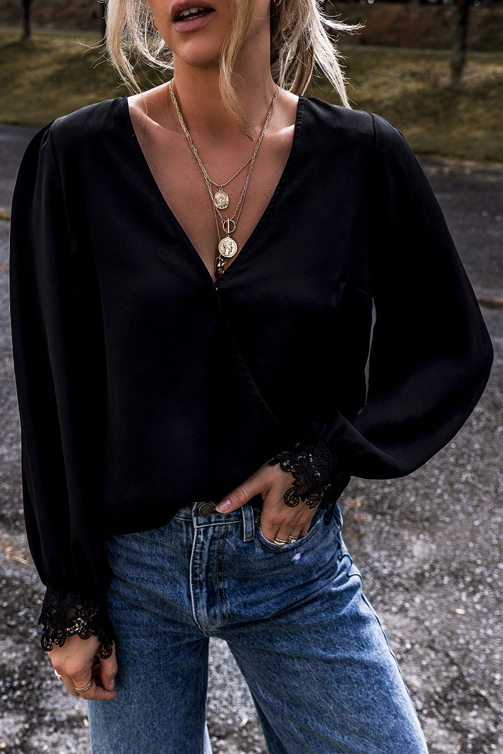 Lace Detail Surplice Long Sleeve Blouse - Classique Collection