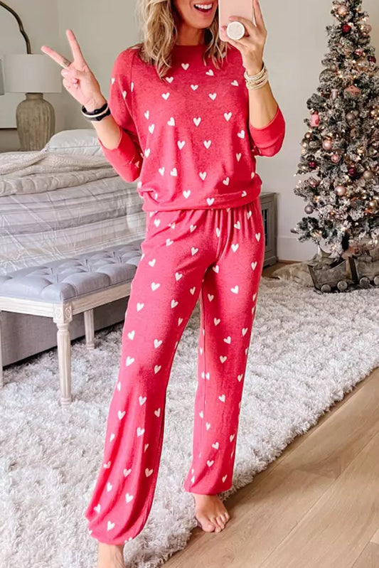 Heart Round Neck Top and Pants Set - ClassiQ