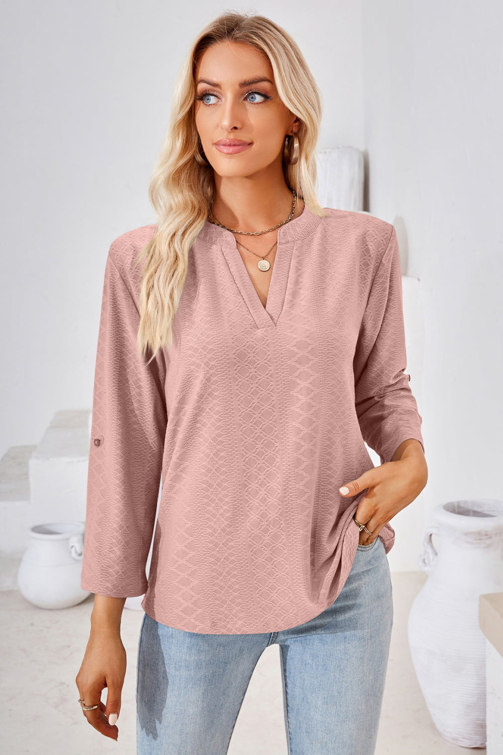 V-Neck Roll-Tap Sleeve Blouse - Classique Collection