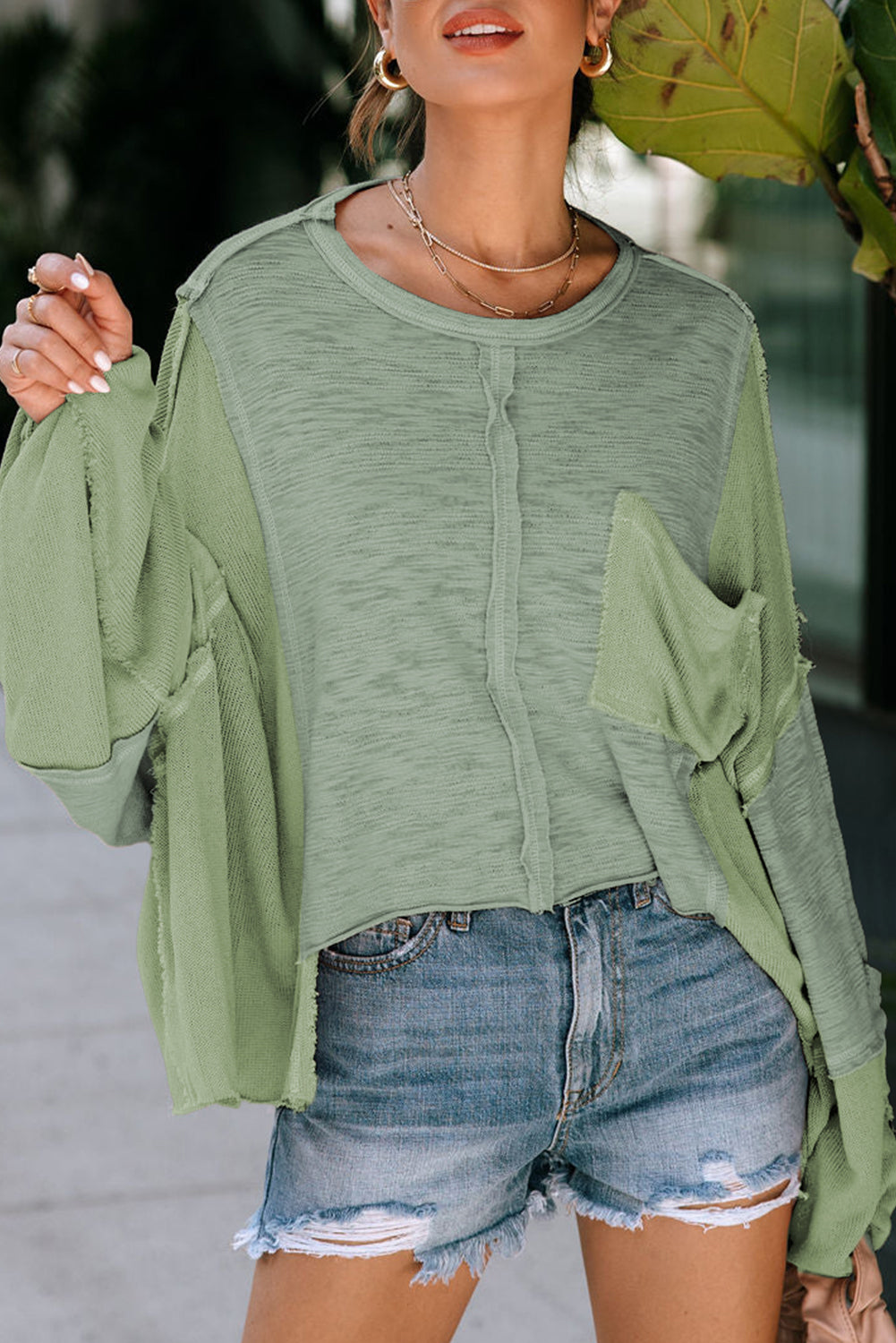 Exposed Seam Round Neck Top with Pocket - Classique Collection