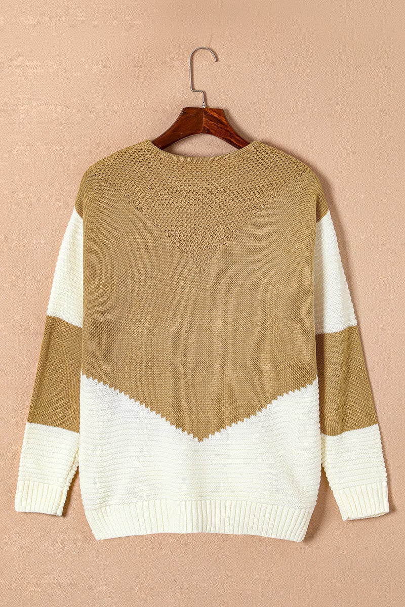 Color Block Round Neck Long Sleeve Sweater - ClassiQ