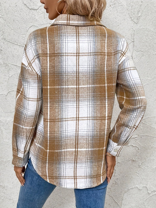 Plaid Collared Neck Half Zip Long Sleeve Top - Classique Collection
