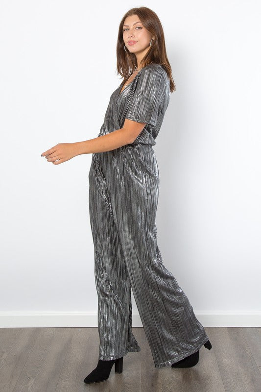 Be Stage Surplice Short Sleeve Pleated Foil Jumpsuit - ClassiQ