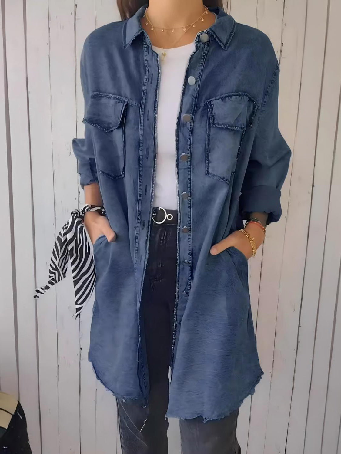 Full Size Raw Hem Button Up Long Sleeve Denim Top Plus Size - Classique Collection