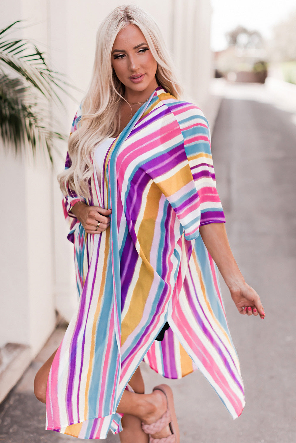 Striped Side Slit Open Front Cardigan - Classique Collection