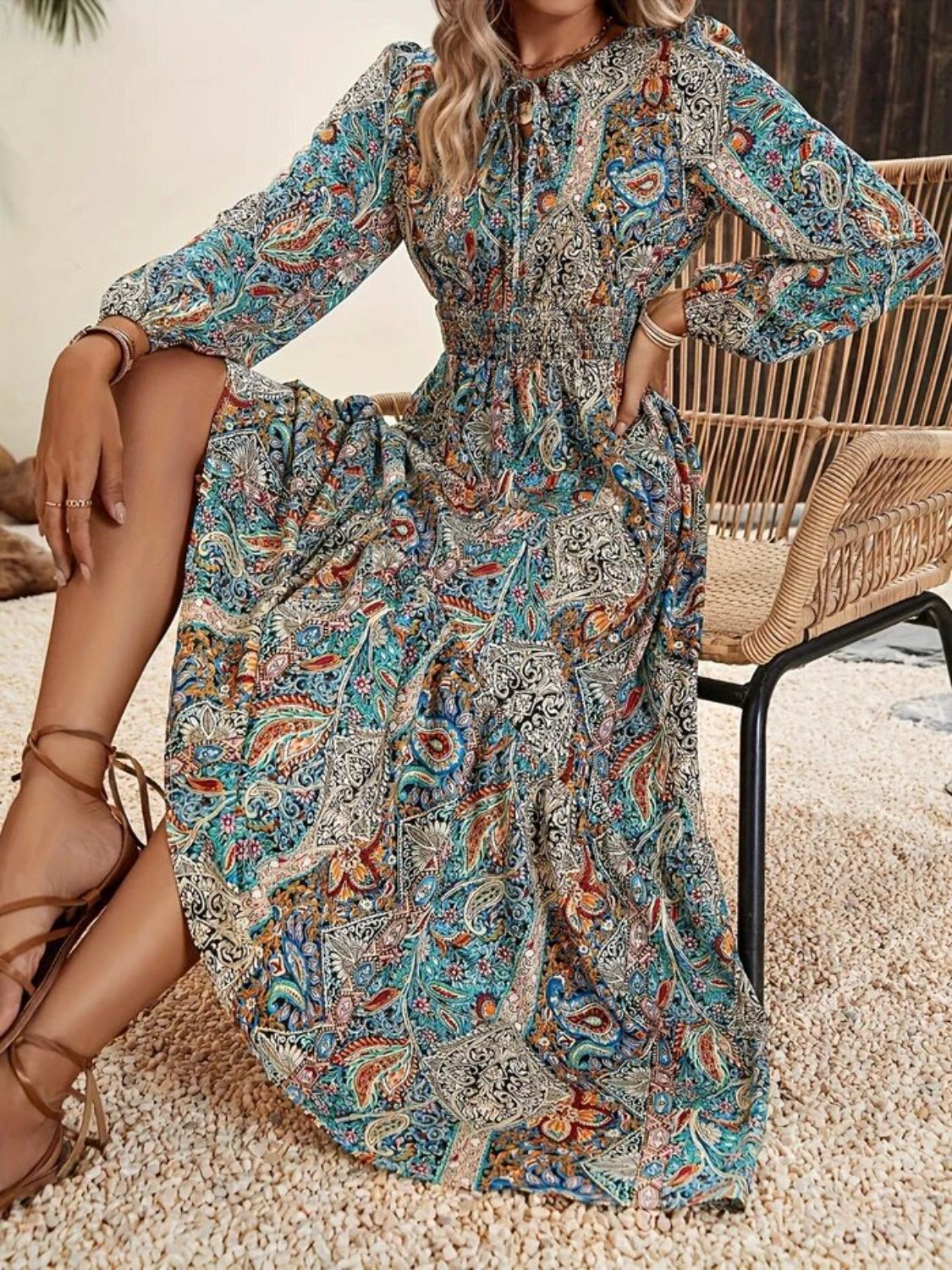 Printed Tie Neck Long Sleeve Maxi Dress - Classique Collection