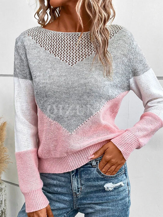 Openwork Contrast Round Neck Long Sleeve Knit Top - ClassiQ