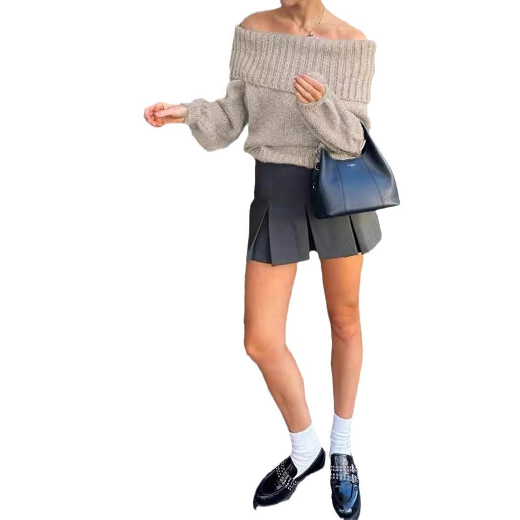 Women's Off-shoulder Simple Pure Color All-matching Lantern Sleeve Knitted Sweater ClassiQ