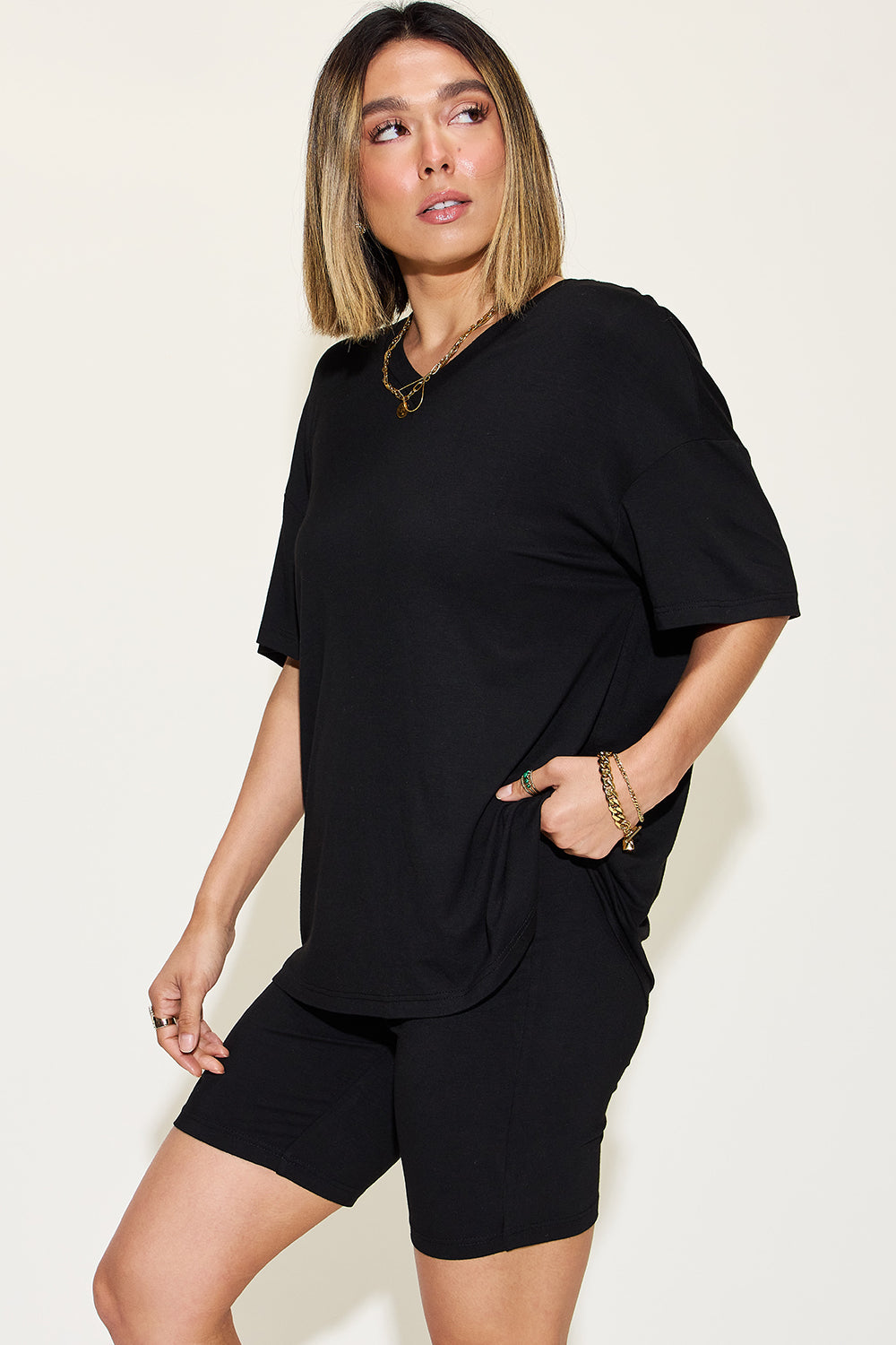 Basic Bae Full Size V-Neck Drop Shoulder T-Shirt and Shorts Set - ClassiQ