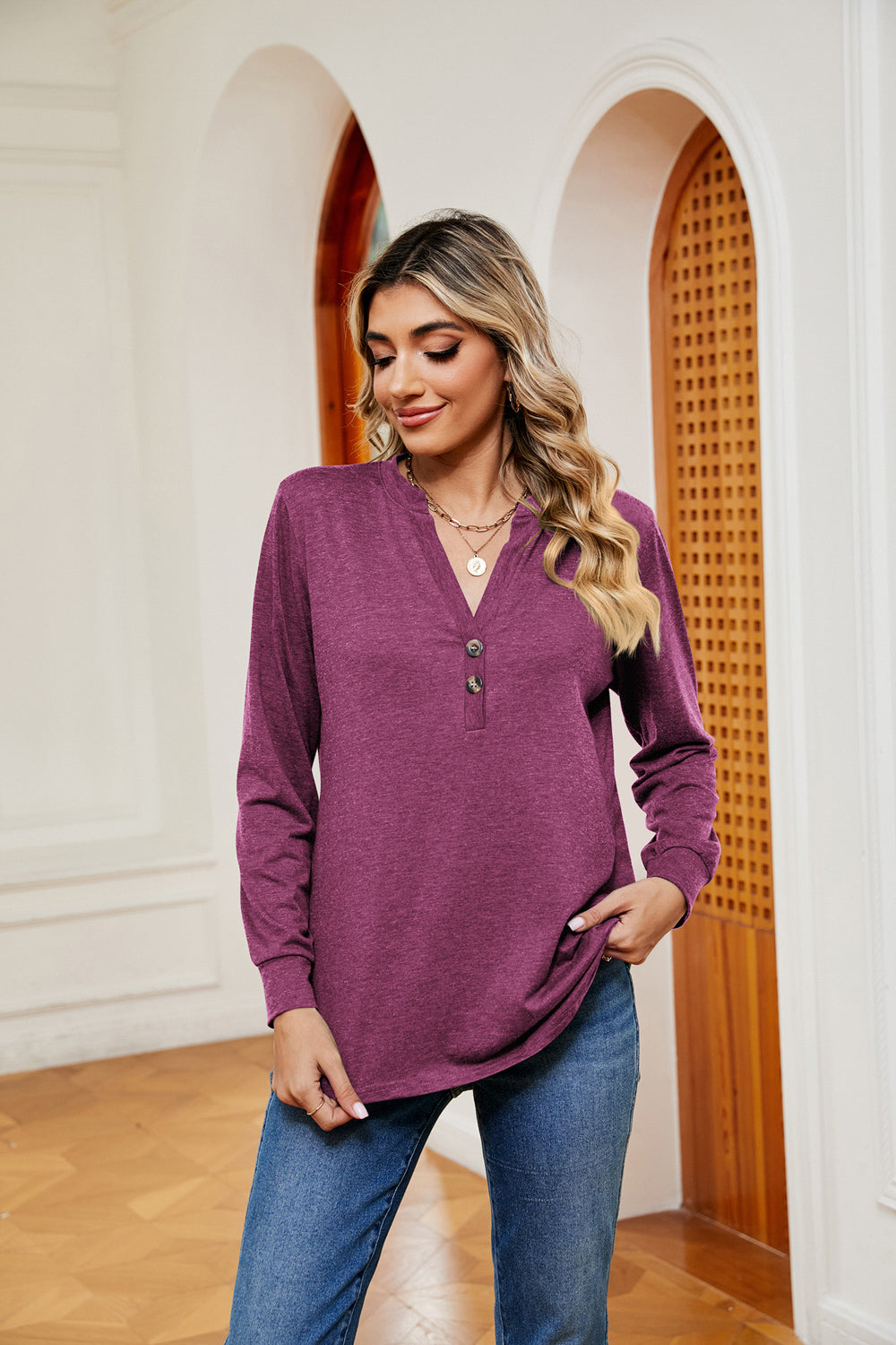 Buttoned Notched Neck Long Sleeve Top - Classique Collection