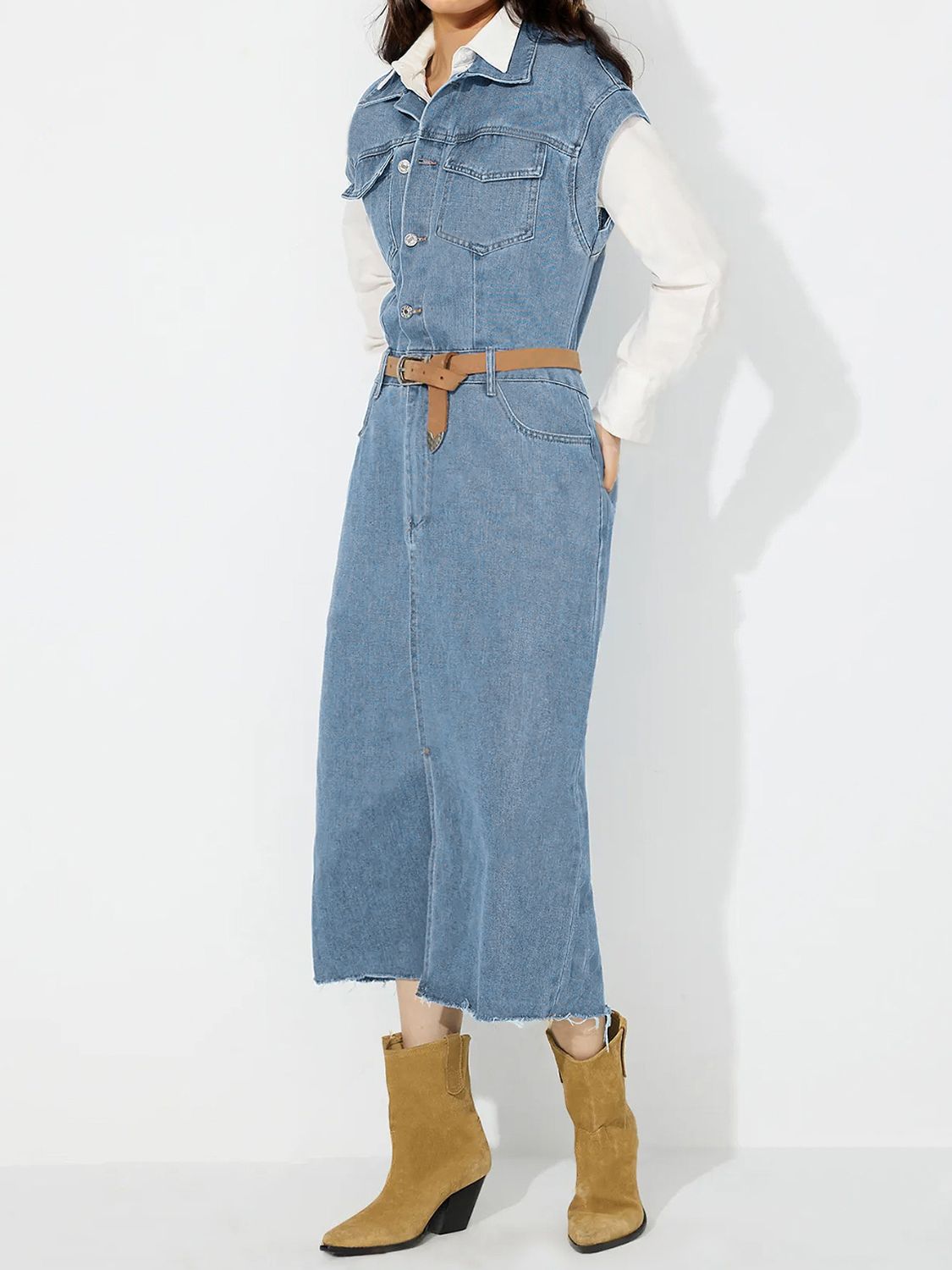 Slit Half Button Collared Neck Cap Sleeve Denim Dress - Classique Collection