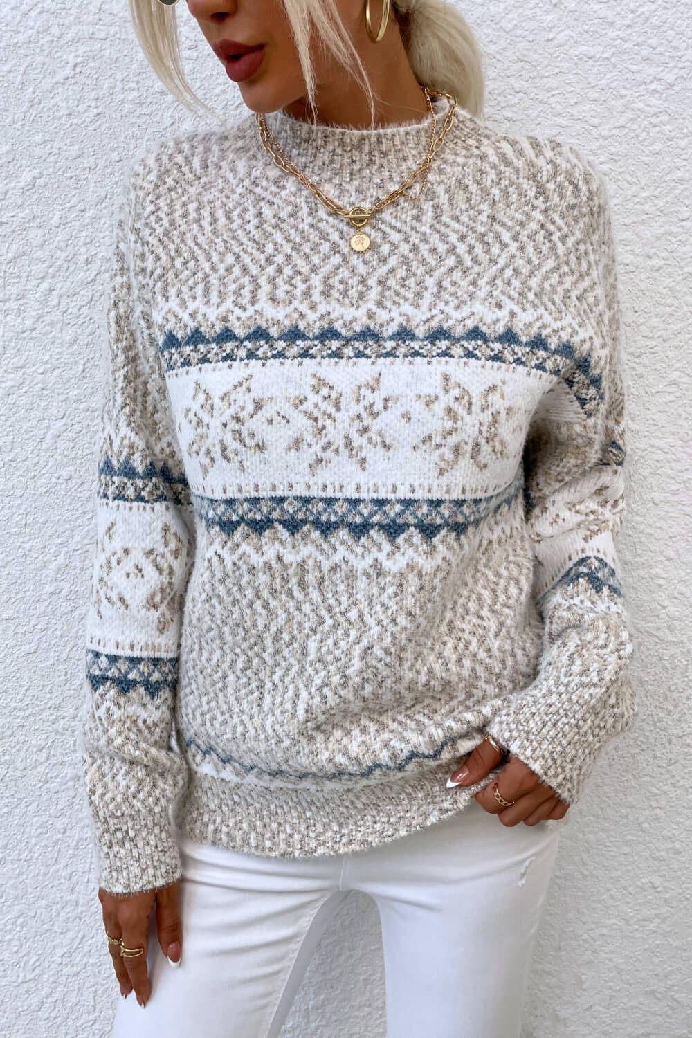 Snowflake Pattern Mock Neck Sweater - ClassiQ