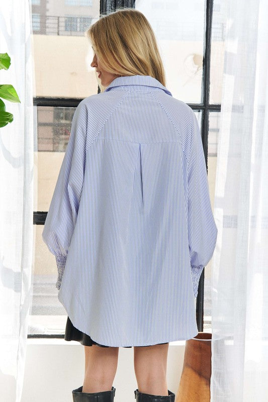 ADORA High-Low Striped Button Down Smocked Lantern Sleeve Shirt - ClassiQ