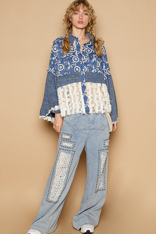 POL Lace Hem Embroidered Long Sleeve Shirt - Classique Collection