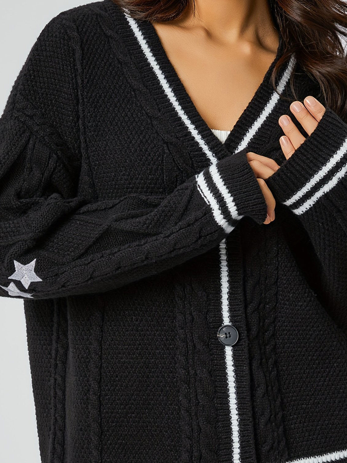 Star Embroidered V-Neck Long Sleeve Cardigan - ClassiQ