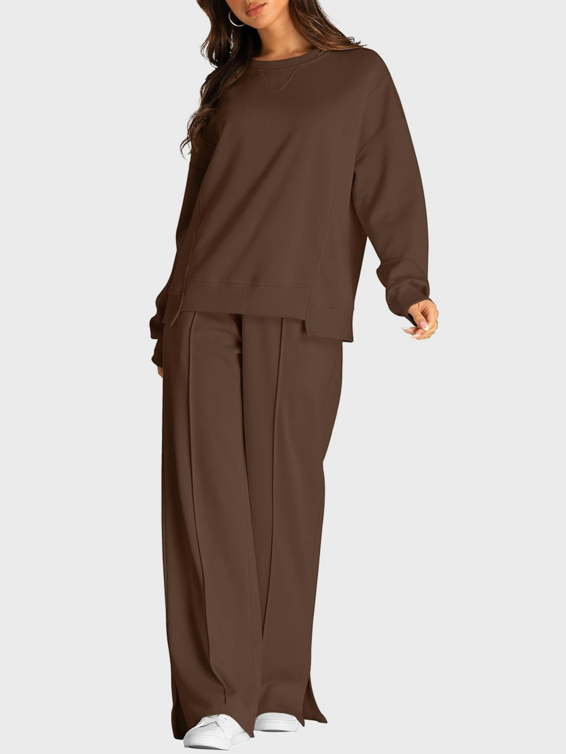 Round Neck Long Sleeve Top and Slit Pants Set - ClassiQ
