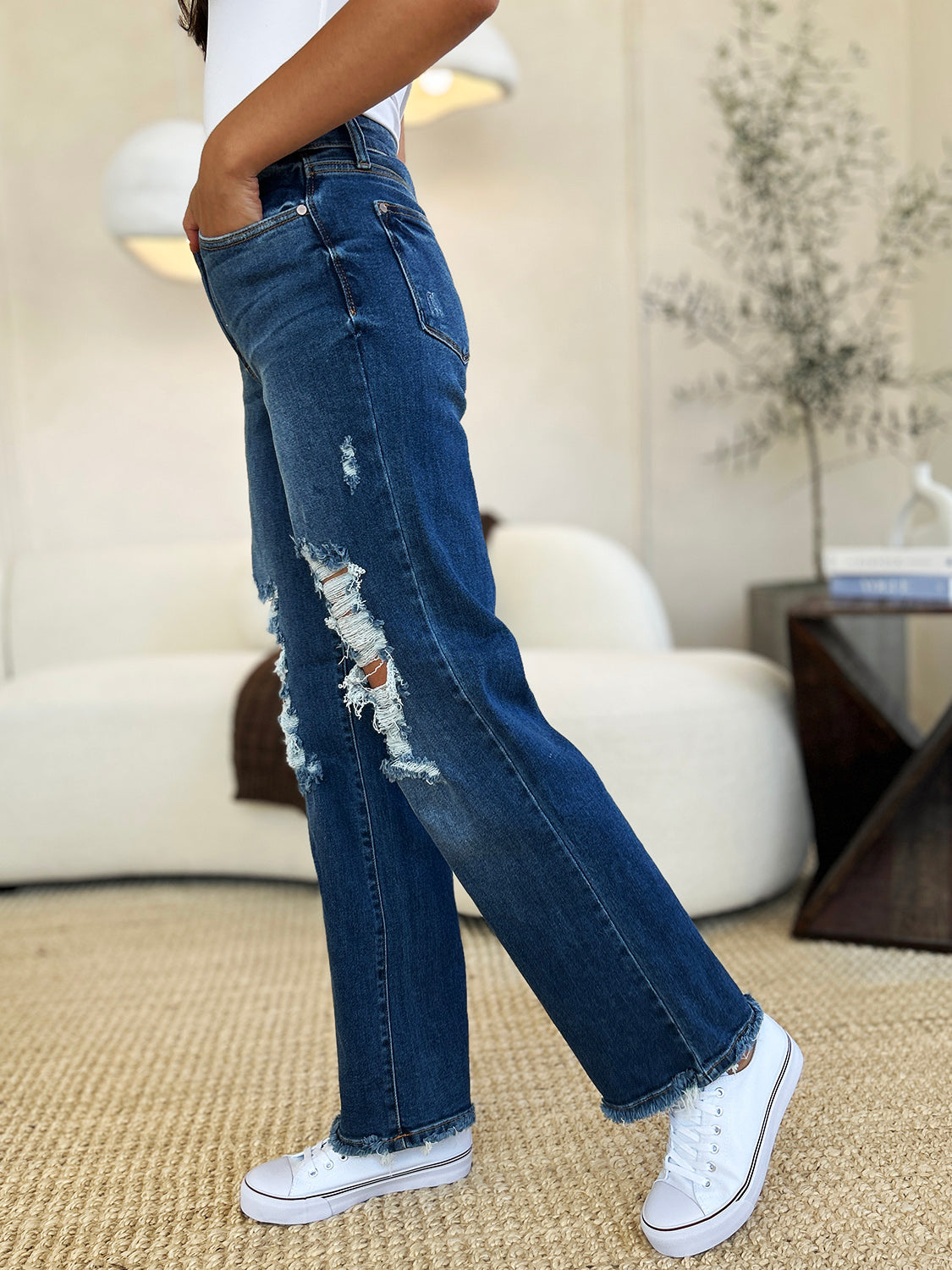 Judy Blue Full Size Mid Rise Distressed Raw Hem Jeans - Classique Collection