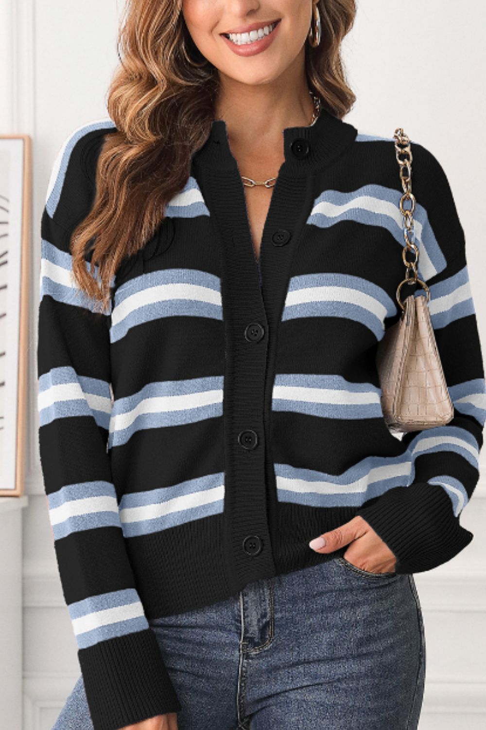 Striped Button Down Long Sleeve Cardigan - Classique Collection
