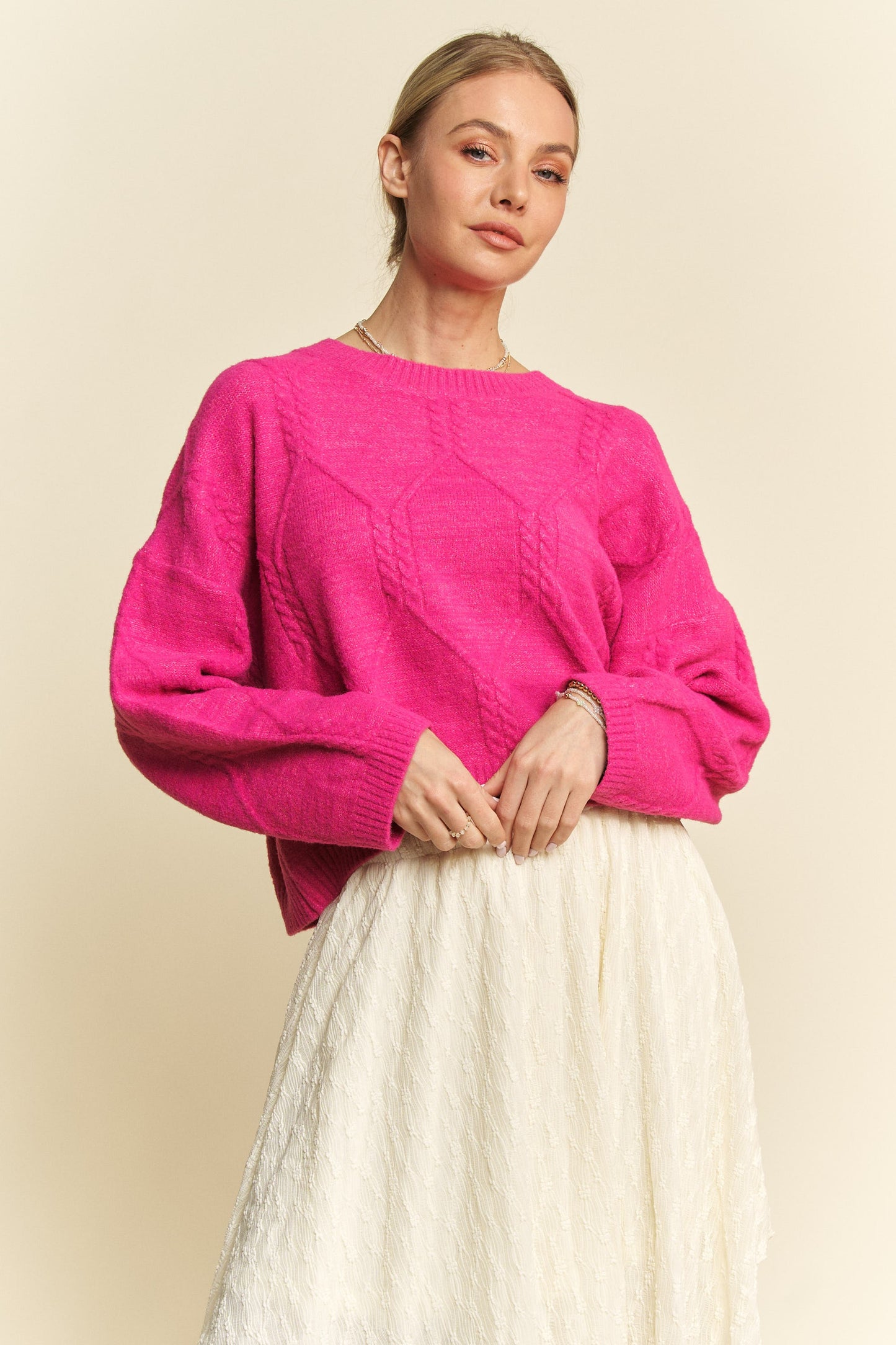 Davi & Dani Diamond Cable Pattern Drop Shoulder Sweater - Classique Collection
