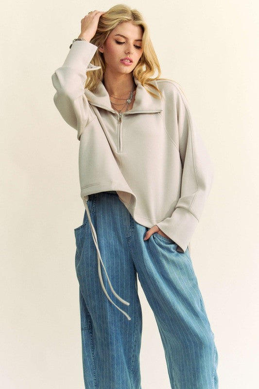 Davi & Dani Drawstring Hem Half Zip Raglan Sleeve Sweatshirt - Classique Collection