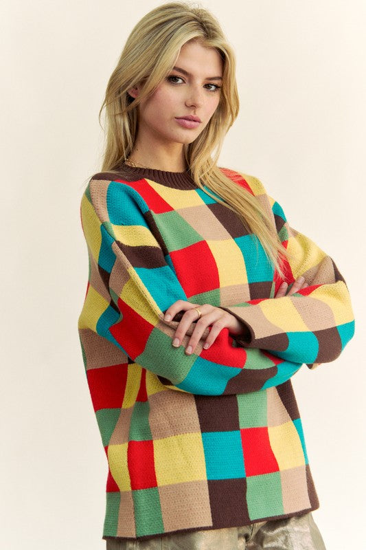 Davi & Dani Color Block Checkered Dropped Shoulder Sweater - Classique Collection