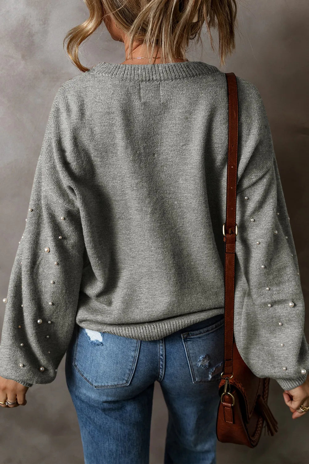 Pearl Detail Round Neck Long Sleeve Sweater - ClassiQ