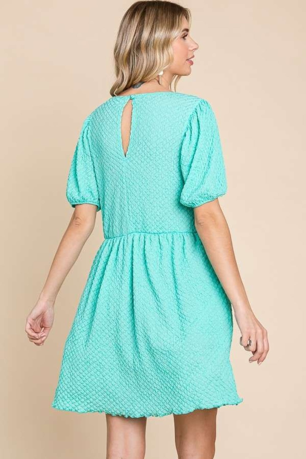 Culture Code Full Size Textured Round Neck Puff Sleeve Dress - Classique Collection