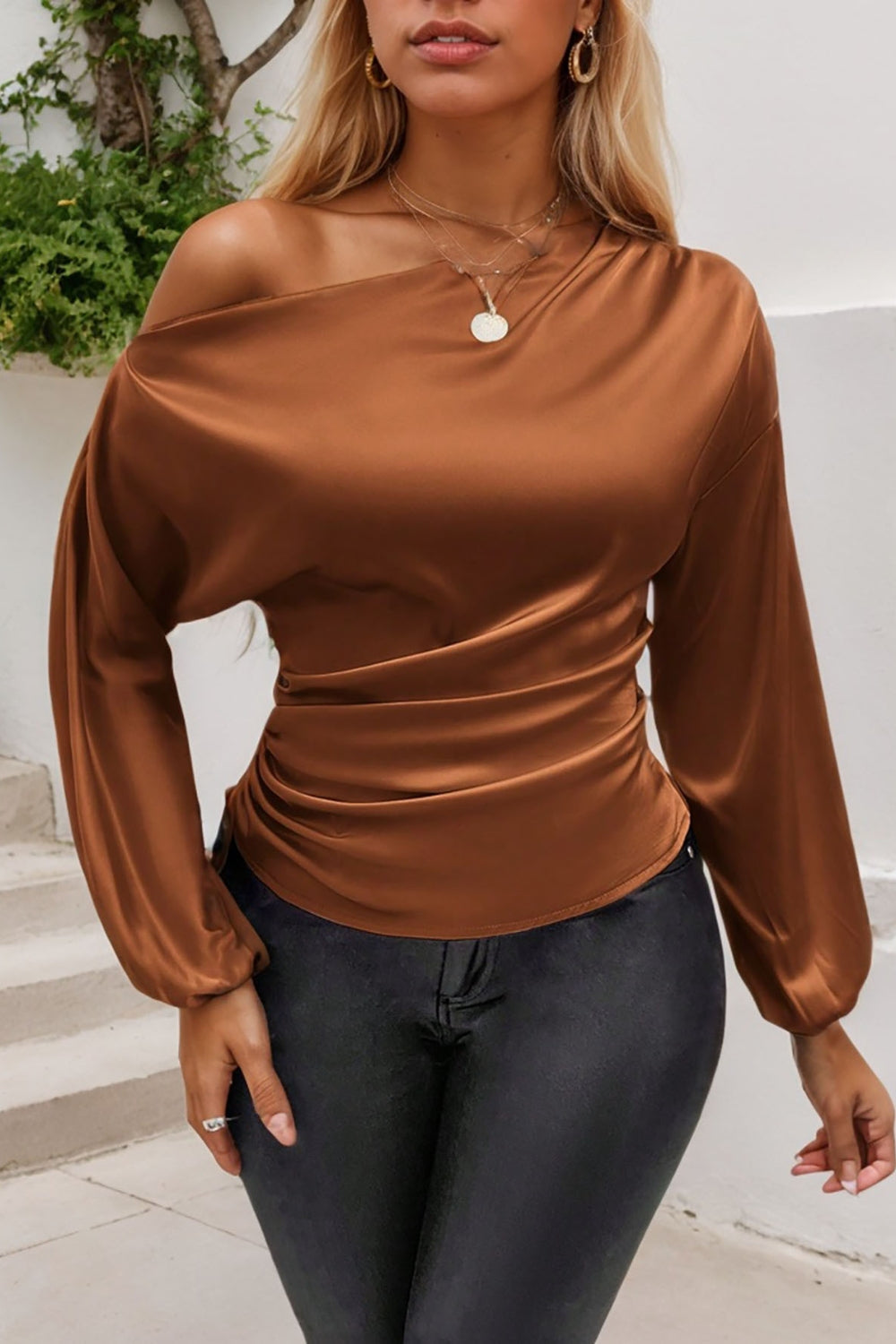 Drawstring One Shoulder Long Sleeve Blouse - Classique Collection