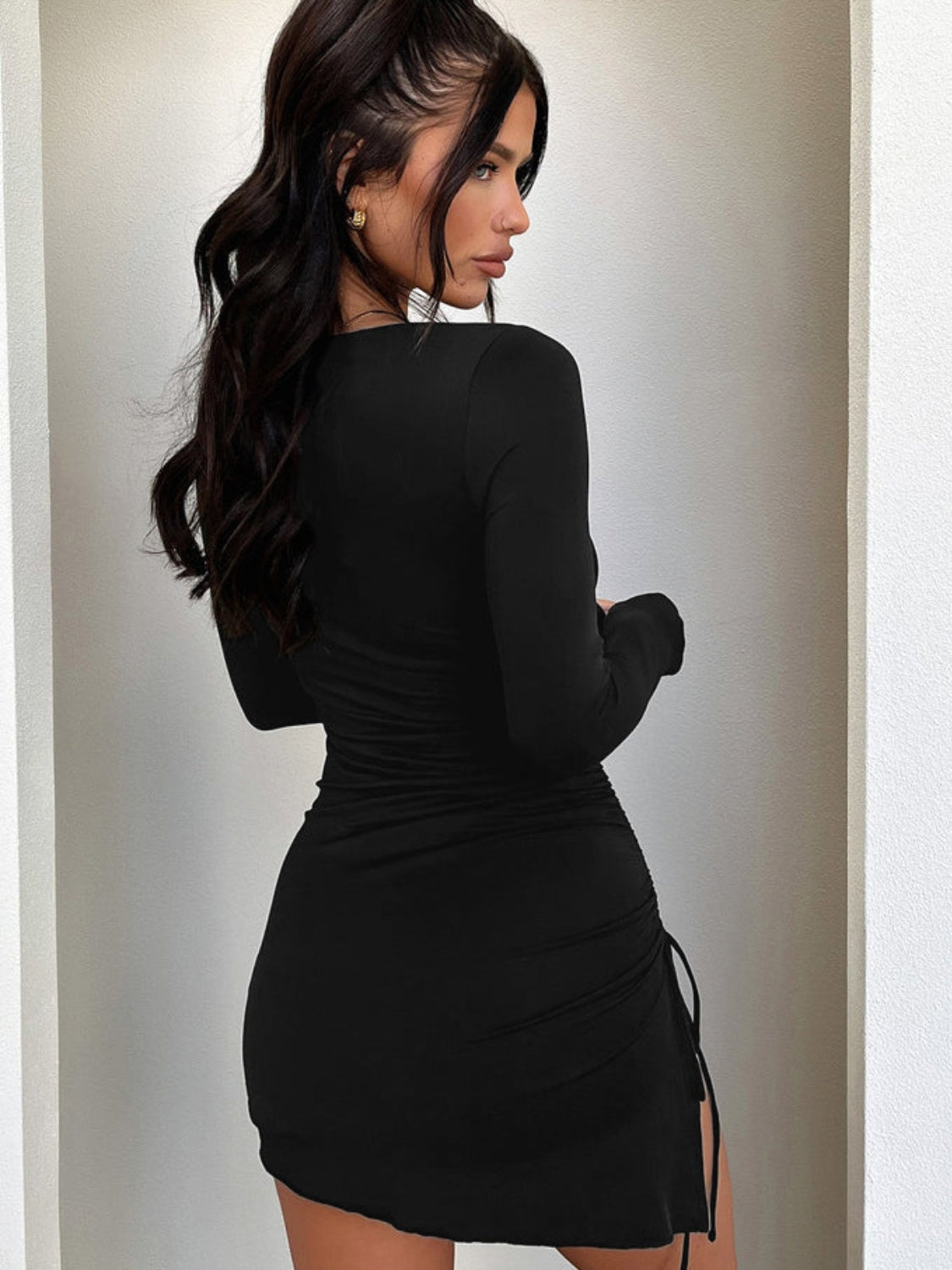 Side Drawstring Round Neck Long Sleeve Dress - Classique Collection