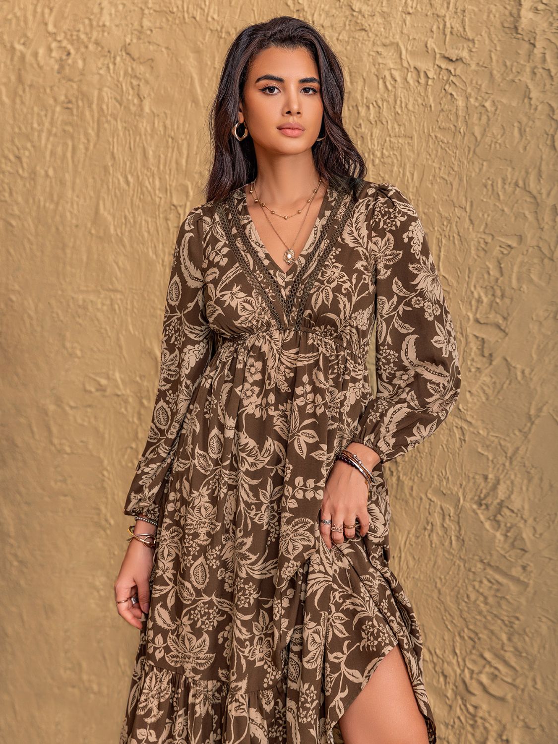 Ruched Printed V-Neck Long Sleeve Midi Dress - Classique Collection