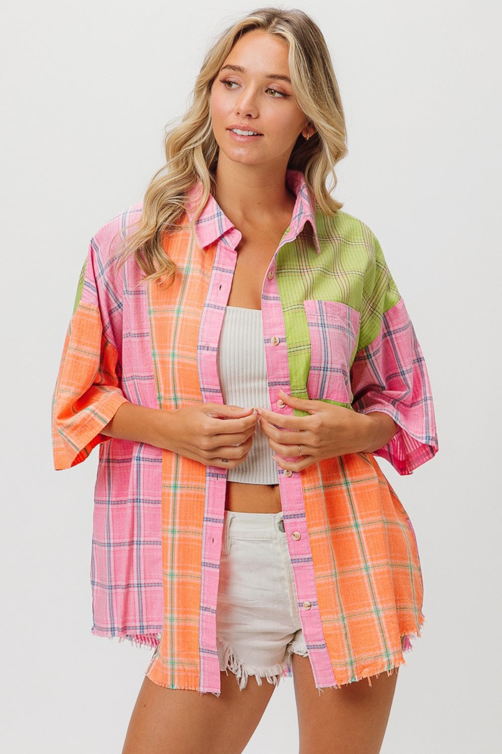 BiBi Plaid Collared Neck Half Sleeve Shirt - Classique Collection