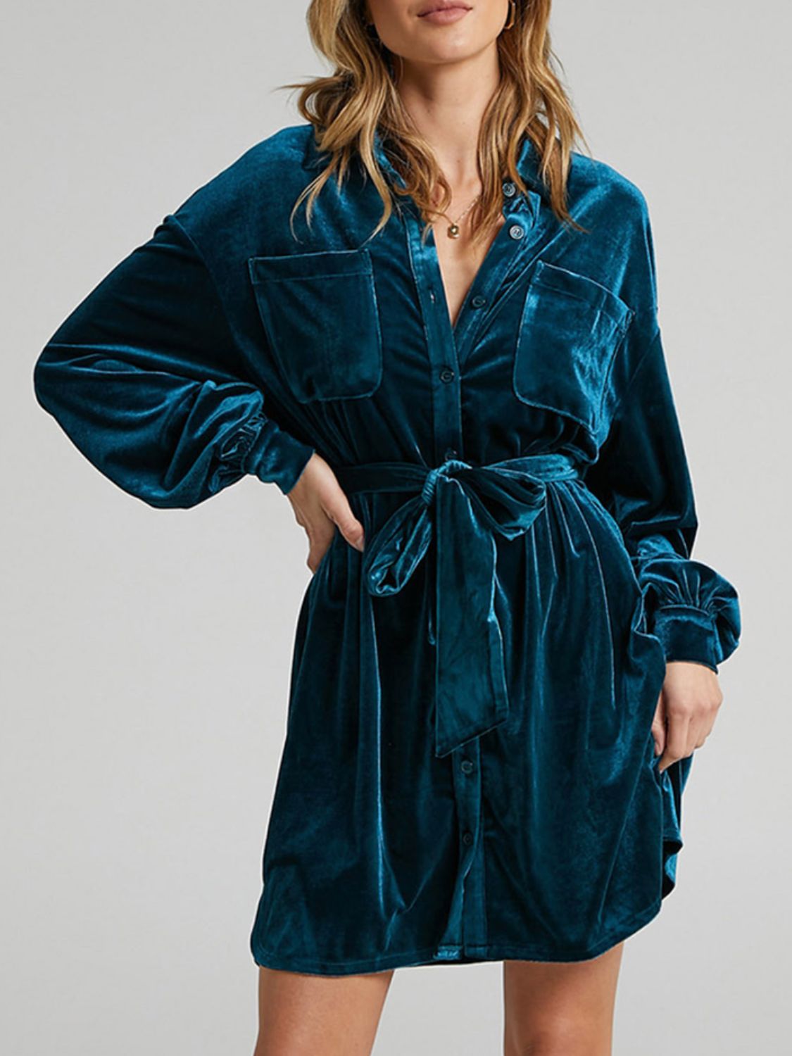 Collared Neck Button Down Long Sleeve Mini Dress - Classique Collection