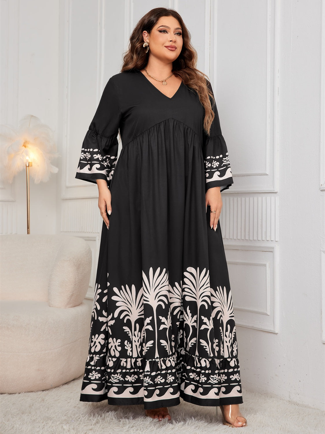 Honey Plus Size Printed V-Neck Long Sleeve Maxi Dress - Classique Collection