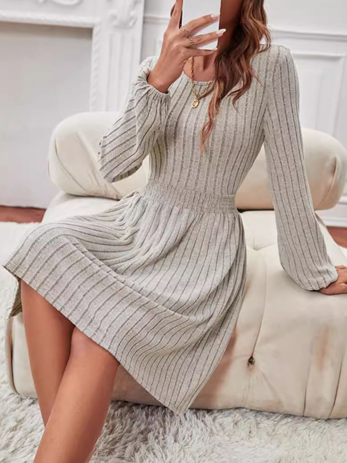 Smocked Round Neck Long Sleeve Knee Length Dress - Classique Collection